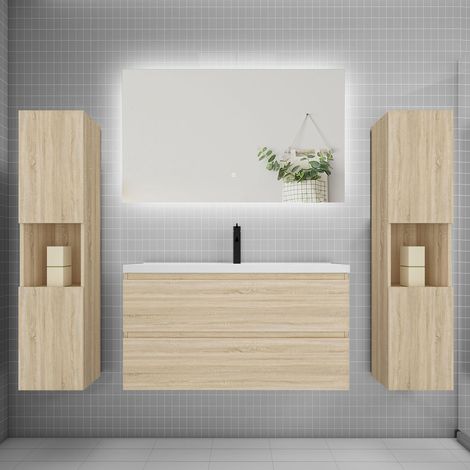 Ensemble meuble chêne et vasque L.100cm 2 tiroirs + colonne2 haut + lavabo + miroir 80x60cm-suspendu