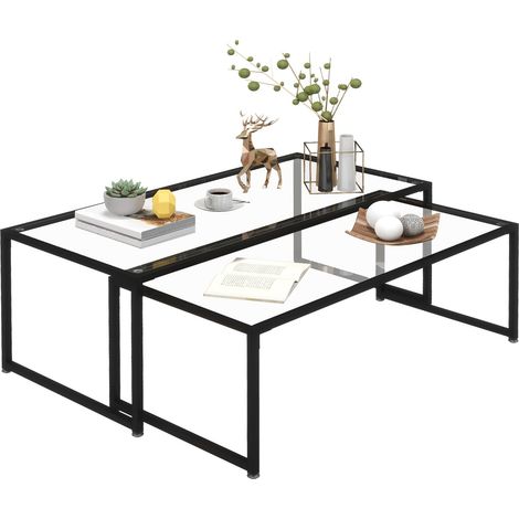 Couchtisch 2Er-Set Beistelltisch, Kaffeetisch, Satztisch, Glastisch, Sofatisch, Wohnzimmertisch Für Schlafzimmer, Stahl, Schwarz