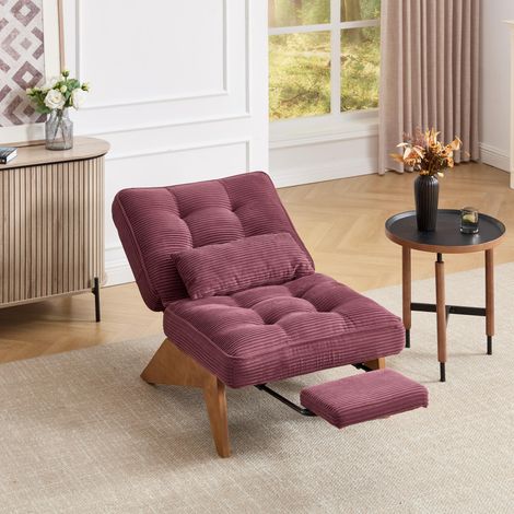 Fauteuil lounge réglable 127x73x90 cm bordeaux en velours côtelé avec repose-jambes et coussin lombaire (1/5)