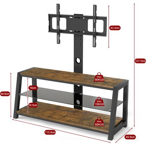 Meuble TV bois massif marron avec plateau verre trempé noir, support écran réglable en hauteur, meuble multimedia pivotant multidirectionnel, fixation murale incluse, H 125 x L 116 x P 42 cm (1/5)
