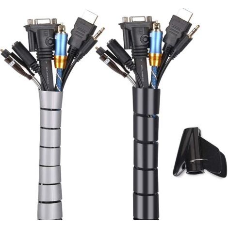 QORVA-Cache Cable 2 Pack,Flexible Range Cable 2x3m PE Cable Rangement Organisateur de Cable pour Ranger ou Cacher les cables,Gaine pour cables(2.2cm  et 1.6cm),Noir et Gris-RAPANDA