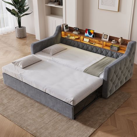 Schlafsofa 90x190 cm dunkelgrau aus Samt mit Armlehnen, Stauraum-Kopfteil, LED und USB-C (1/5)