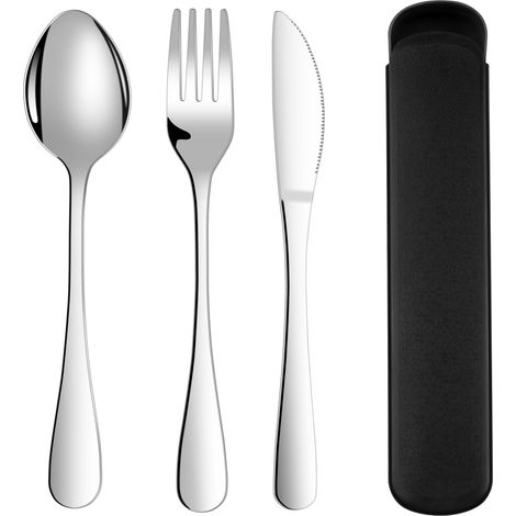 Set de couverts 3 pièces avec étui : fourchette, couteau, cuillère. Acier inoxydable, lavable au lave-vaisselle, idéal voyage. (1/5)