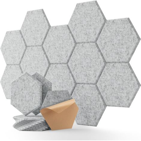 Lot de 12 panneaux acoustiques hexagonaux auto adhésifs, mur insonorisant haute densité pour décoration murale et traitement acoustique Panneaux insonorisants gris argenté 30 × 26 × 0,9 cm