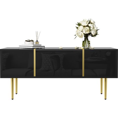 Table basse moderne noire laquée brillante, design épuré avec deux tiroirs fonctionnels pour un rangement optimal. (1/5)