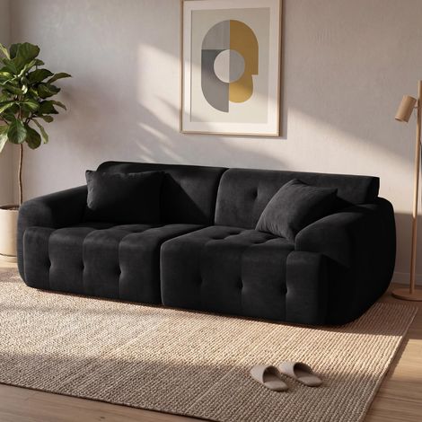 Canapé 2 places 180 cm, canapé de sol avec dossier, coussin et accoudoirs, en tissu moderne, sans montage - Noir