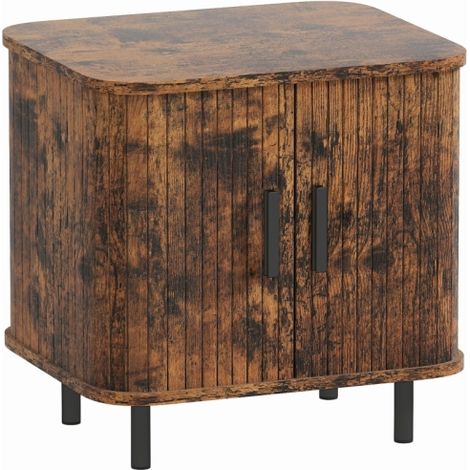 Nordic Bedside Table with Sliding Doors and Metal Legs for Bedroom or Living Room, Rustic Brown Design (1/5)
