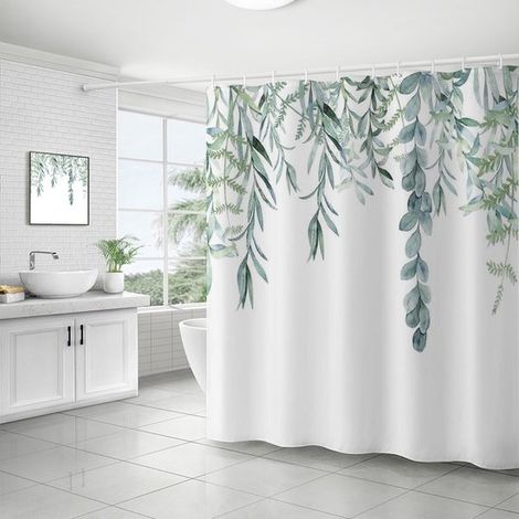 Rideau de douche avec anneaux de suspension - Rideau de douche - Rideau de douche anti-moisissure - Rideau de douche vert à motif floral - Rideau de douche imperméable - Polyester - Vert - 180 x 180 c (1/5)