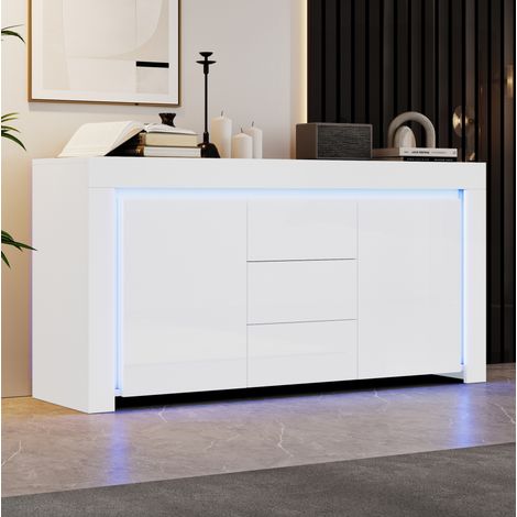 Credenza 140 x 40 x 65 cm con 2 ante, 3 cassetti, LED e finitura bianco lucido DESVIAE (1/5)