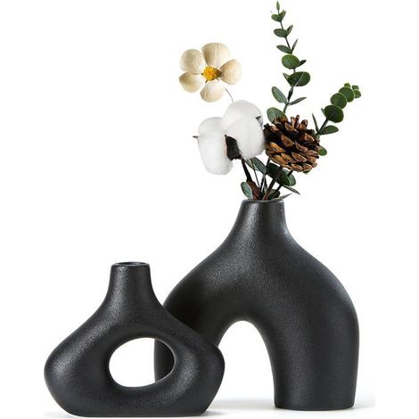 BelleRise - Ensemble de 2 vases en céramique noire pour une décoration bohème moderne et minimaliste, vases ronds mats en forme de donut (1/5)