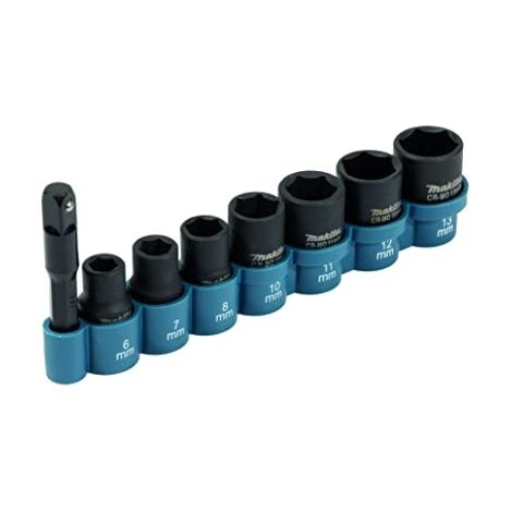 Makita – Set de douilles 1/4" 8 pièces – Tailles 6 à 13 mm – Adaptateur 1/4 6 pans à 1/4 4 pans – E12289