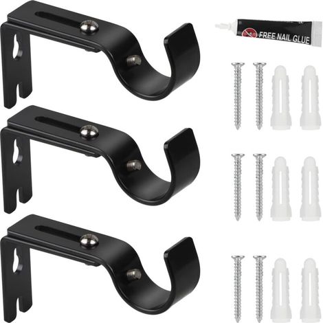 Lot de 3 supports de tringle à rideaux réglables en métal - Diamètre : 20 à 25 mm - Longueur réglable : 3 cm - Tringle à rideaux auto-adhésive et perçage - Pour la maison et le bureau - Noir (1/4)