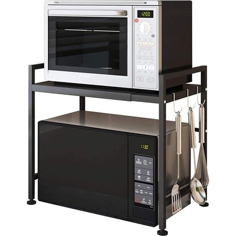 Haloyo® Mikrowellenhalter Einstellbar Küchenregal Mikrowelle Regale mit 6 Haken Rack Organizer (40-64)x45x36.5cm -Erweiterbar- Schwarz (1/5)