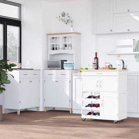 Carrello da cucina con molteplici opzioni di stoccaggio: 2 armadietti, cassetto, portabottiglie per 9 bottiglie, MDF bianco, piano in legno di caucciù.