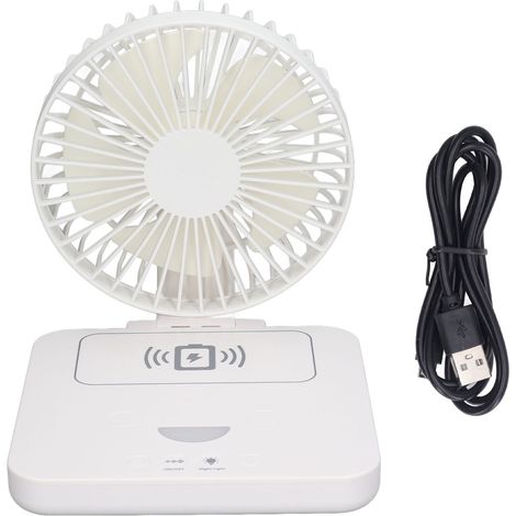 Ventilateur de bureau avec chargeur de téléphone sans fil, rechargeable par USB, pliable et portable, avec veilleuse intégrée. (1/4)