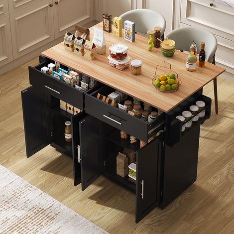Servierwagen mit klappbarer Tischplatte, 120x46(70)x91 cm, Schwarz, mit Rollen und austauschbaren Holzbeinen, ideal für Küche und Esszimmer (1/5)