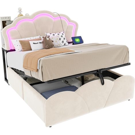 Cama tapizada 140x200 cm beige de terciopelo con almacenaje hidráulico, LED y enchufes (1/5)