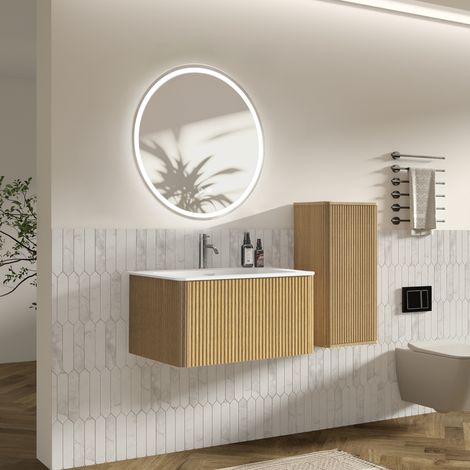 Meuble de salle de bain suspendu avec vasque blanche mat et miroir LED, 80 cm, finition chêne (1/5)
