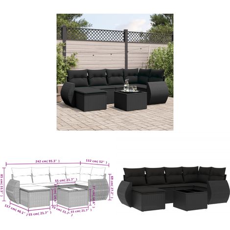 7-tlg. Garten-Sofagarnitur mit Kissen Schwarz Poly Rattan - Gartenmöbel - Outdoor Möbel - Rattan Gartenset - Lounge Set - Esstisch - Home & Living (1/3)