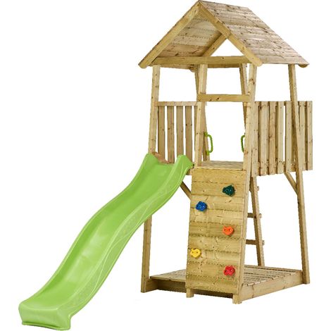 KANGUI Tour de jeux en bois WIKI - Toboggan, mur d'escalade, cabane, échelle et grand bac à sable (1/4)