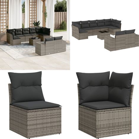 Set de sofás de jardín 10 pzas con cojines ratán sintético gris - Muebles de jardín - Cojines para sofás