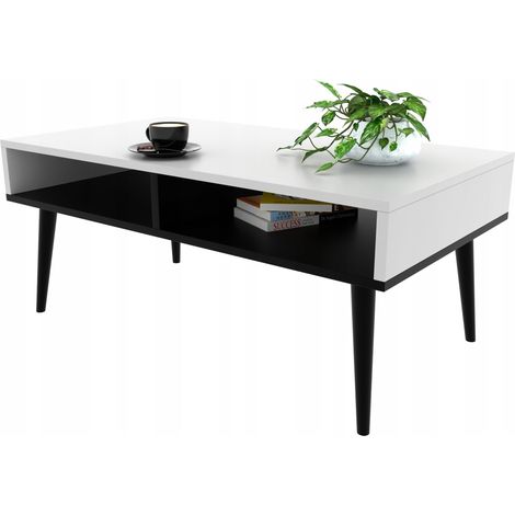 Table basse scandinave moderne, blanche/noire, banc avec étagère (1/5)