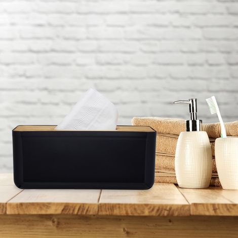 2 x Taschentuchbox, nachfüllbar, Badezimmer, Tücherbox, Bambus-Deckel, Kunststoff, HBT: 10x23x13 cm, schwarz/natur