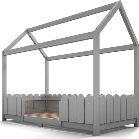 Lit cabane enfant 90x200 cm bois gris protection antichute sommier lattes sans matelas (1/5)
