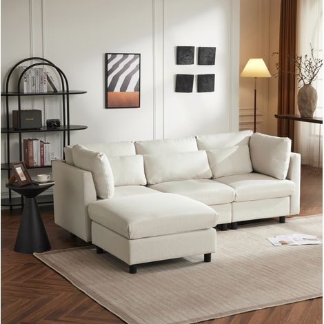 canapé salon 4 places pouf modulable lin beige 220 cm OKMYHOME (1/5)