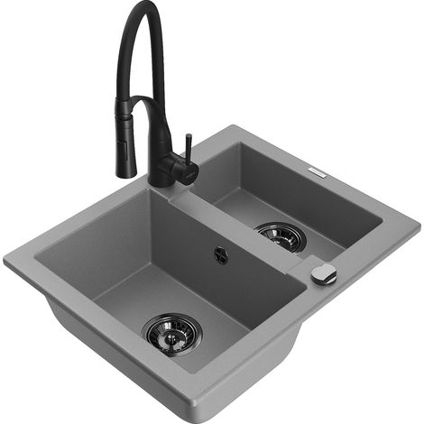 Mexen Carlos fregadero de granito de 1,5 tazones con grifo de cocina Aster, gris - 6518-71-73450-70-B (1/5)