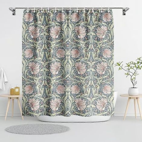 Rideau de douche vintage William Morris à fleurs, bleu/rose botanique, rideau de douche pour salle de bain avec 12 crochets, élégant rideau décoratif chic pour femmes (1/4)