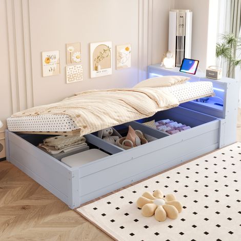 Cama individual multifunción moderna 90x200 cm de MDF gris, con cabecero con almacenaje, enchufe integrado, LED y arcón hidráulico (1/5)