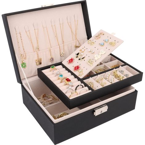 Boite a Bijoux Femme Fille, Boîte à Bijoux Vuir PU 2 Couches Verrouillable Grande Capacité Boite de Rangement Bijoux pour Colliers, Boucles d'oreilles, Bracelets