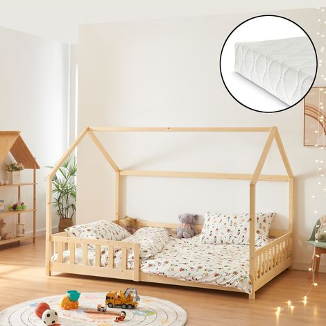 Hausbett Hesel mit Matratze und Rausfallschutz 120x200cm Holzoptik [en.casa]