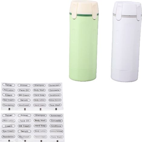 Lot de 2 distributeurs de voyage 4 en 1 rechargeables, flacons-pompes cosmétiques portables pour shampoing, lotion, après-shampoing et crème, vert et blanc. (1/5)