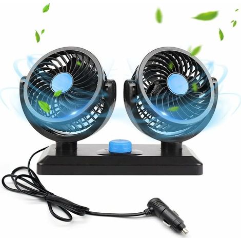 Car Fan, 12v Double Heads Fan, Rechargeable Portable Mini Fan, 360° Rotation with 2 Speed, Car Cigarette Lighter for Strollers, Travel, Office - (1/5)