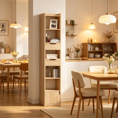 MEUBLIV Etagere de rangement sur pied chene clair 33 x 181 x 24 cm avec tiroirs (1/5)