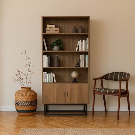 Dmora - Bücherregal Almeni, Büroregal, Mobiler Buchhalter, Bücherbrett, 80x36h182 cm, Walnuss und Schwarz, mit verstärkter Verpackung (1/5)
