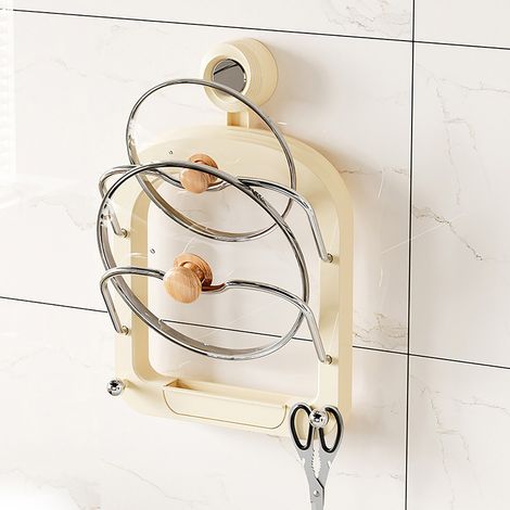 Support Pour Couvercles De Casserole - Fixation Par Ventouse - Design À Plusieurs Niveaux - Montage Murale - Couleur Crème - 1 Pièce (1/5)