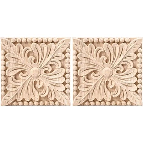 Set aus 2 quadratischen, unbemalten Wandleuchten aus geschnitztem Holz für Türen, Schränke, Möbel, Dekoration, 10 x 10 cm (1/5)