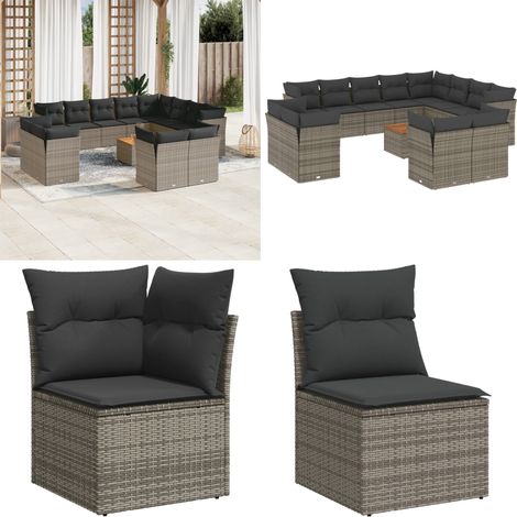 13-tlg. Garten-Sofagarnitur mit Kissen Grau Poly Rattan - Gartenmöbel Set - Outdoor Möbel - Rattan Sofa - Lounge Set - Esstisch - Home & Living (1/5)