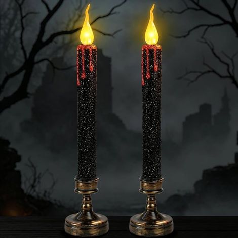 HOXILEELEO - 2 Pièces Bougie LED Halloween 24.5cm Fausse Bougies LED Halloween Decoration Bougie Noir Sang Dégoulinant pour Fêtes, Cadeaux,Maison (1/5)