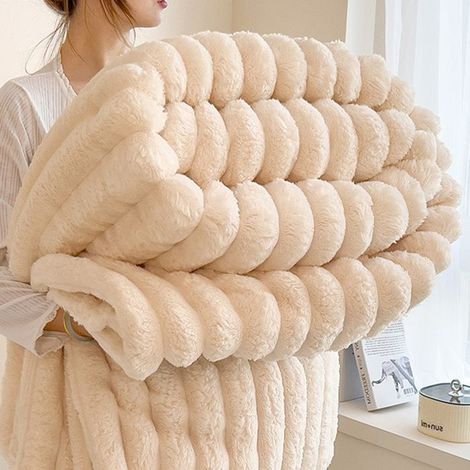 1 pièce Plaid Polaire Canapé, 200x230 cm Couverture Douce en Micro-polaire, Fausse Fourrure de Lapin Beige pour Lit et Salon