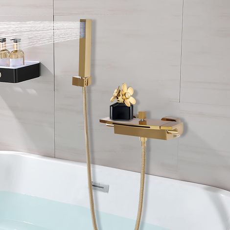Robinet de baignoire doré cascade avec douchette à main, mitigeur moderne en laiton, raccord G1/2 (1/5)