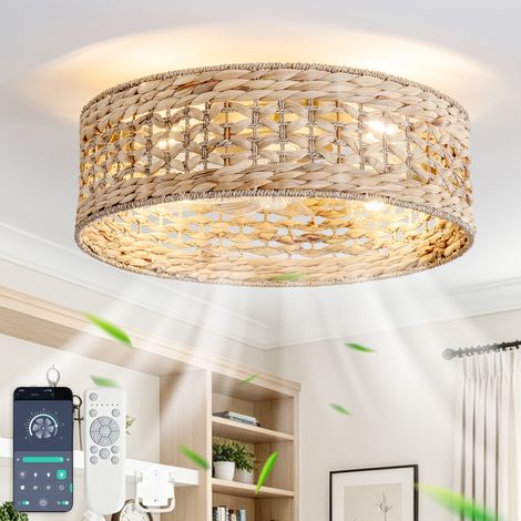 Ventilateur de plafond de 48 cm (19 pouces) avec pales en ABS, grille en rotin et design ajouré, double commande via application et télécommande, six vitesses, idéal pour les plafonds bas et les petit (1/5)
