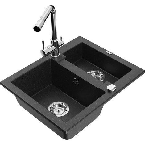 Mexen Carlos fregadero de granito de 1,5 compartimentos con grifo de cocina Duero, negro/plata metálico - 6518-73-671600-00 (1/5)