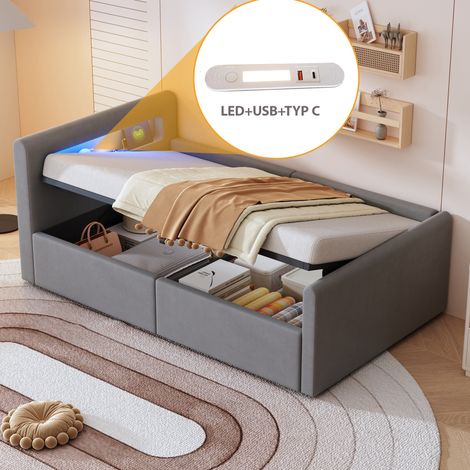 CHICFURN lit banquette 140 par 200 gris avec LED USB et sommier a lattes (1/5)