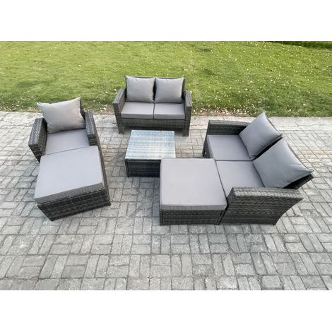 Fimous 7 Seater Rattan Outdoor Garden Furniture Sofa Set Table & Chairs with 2 Big Footstool Dark Grey Mixed (1/5)