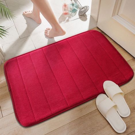 LAN Rouge - Matelassée 5080cm (polaire corail 0,6cm) Tapis de porte uni en polaire corail, lavable, antidérapant pour salle de bain. (1/5)