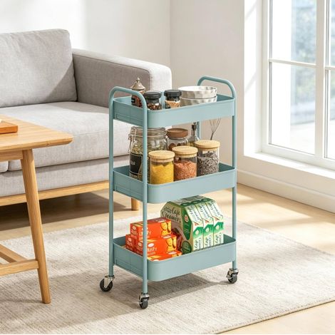 Carrello da portata con ruote, 3 ripiani, azzurro chiaro, acciaio, 45 x 30,6 x 79 cm (1/5)
